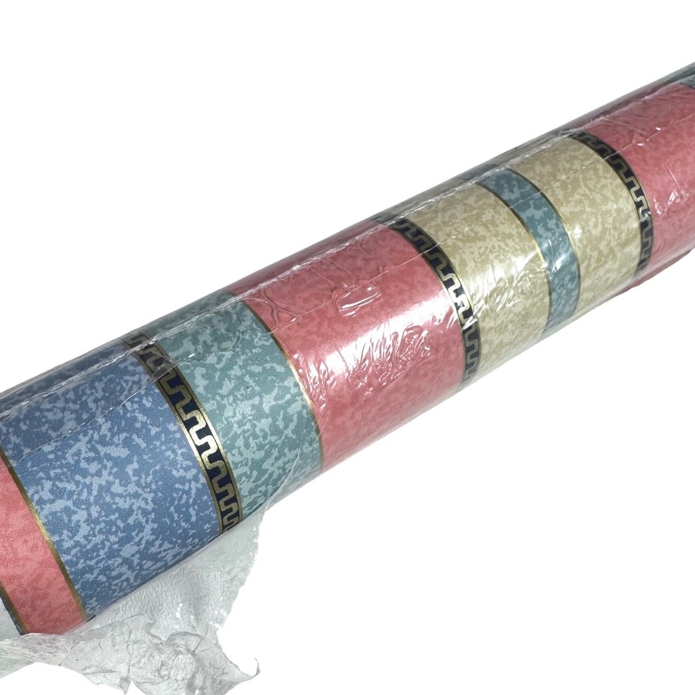 Birge Vintage Wallpaper Striped Pink Blue Pastels Gold Greek Key 55.4 sq ft New